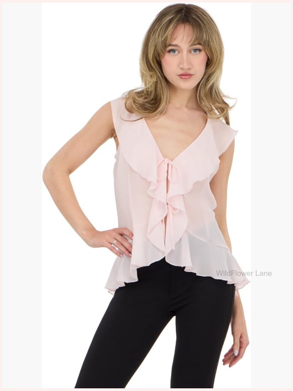 Paulette Top with Ruffle Trim Peasant Style V-Neck Sleeveless